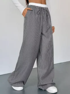 Pantalon large rayé noir et blanc pour femme taille élastiquée contrastée avec cordon de serrage style décontracté