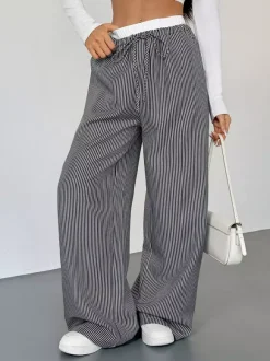 Pantalon large rayé noir et blanc pour femme taille élastiquée contrastée avec cordon de serrage style décontracté