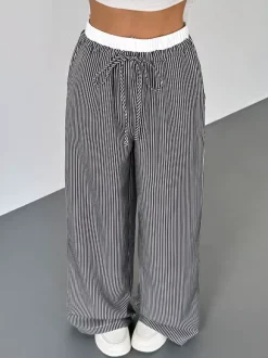 Pantalon large rayé noir et blanc pour femme taille élastiquée contrastée avec cordon de serrage style décontracté