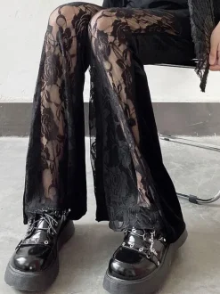 Pantalon Lolita gothique évasé Lolita en dentelle noire