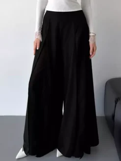 Pantalon palazzo femme à jambes larges double épaisseur de maille fendue fluide taille haute