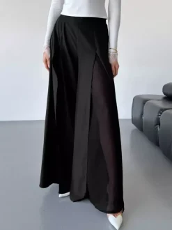 Pantalon palazzo femme à jambes larges double épaisseur de maille fendue fluide taille haute