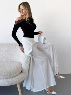 Pantalon palazzo femme à jambes larges double épaisseur de maille fendue fluide taille haute