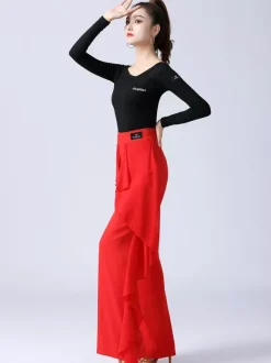 Pantalon de danse latine à volants pour femme couleur unie taille haute pour entraînement de danse de salon