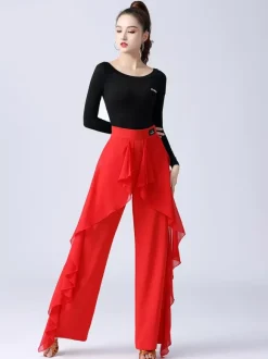 Pantalon de danse latine à volants pour femme couleur unie taille haute pour entraînement de danse de salon