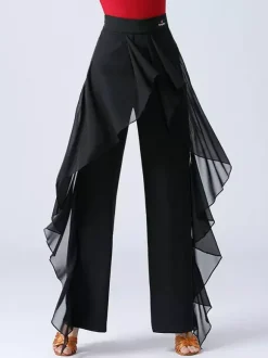 Pantalon de danse latine à volants pour femme couleur unie taille haute pour entraînement de danse de salon