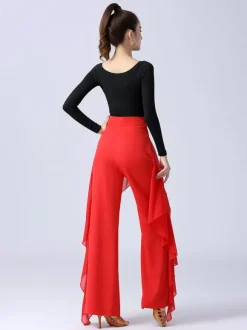 Pantalon de danse latine à volants pour femme couleur unie taille haute pour entraînement de danse de salon