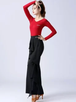 Pantalon de danse latine à volants pour femme couleur unie taille haute pour entraînement de danse de salon