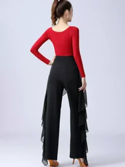 Pantalon de danse latine à volants pour femme couleur unie taille haute pour entraînement de danse de salon