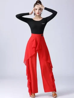 Pantalon de danse latine à volants pour femme couleur unie taille haute pour entraînement de danse de salon