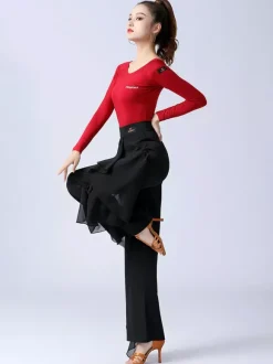 Pantalon de danse latine à volants pour femme couleur unie taille haute pour entraînement de danse de salon