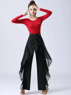 Pantalon de danse latine à volants pour femme couleur unie taille haute pour entraînement de danse de salon
