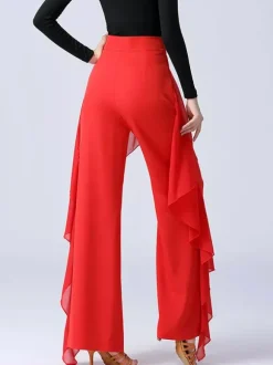 Pantalon de danse latine à volants pour femme couleur unie taille haute pour entraînement de danse de salon