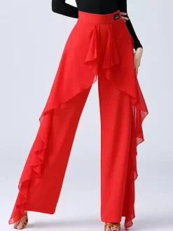 Pantalon de danse latine à volants pour femme couleur unie taille haute pour entraînement de danse de salon