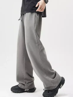Pantalon large en coton délavé pour homme pantalon décontracté à jambe droite avec cordon de serrage