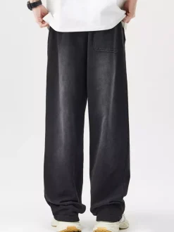 Pantalon large en coton délavé pour homme pantalon décontracté à jambe droite avec cordon de serrage