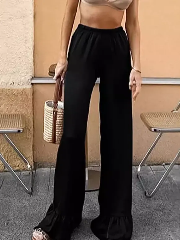 Pantalon large en satin à volants et taille élastique pour femme pantalon décontracté