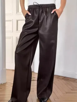 Pantalon large en similicuir à taille élastique et cordon de serrage