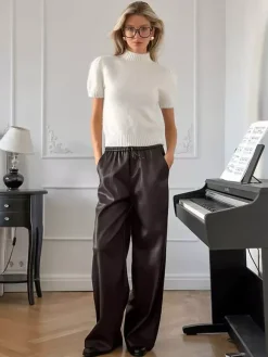 Pantalon large en similicuir à taille élastique et cordon de serrage