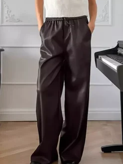 Pantalon large en similicuir à taille élastique et cordon de serrage