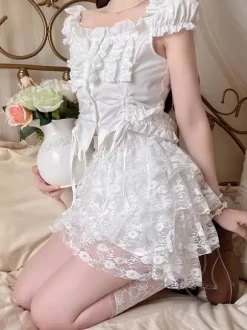 Pantalon Lolita blanc ample en dentelle à volants et volants Sweet Lolita Bloomers