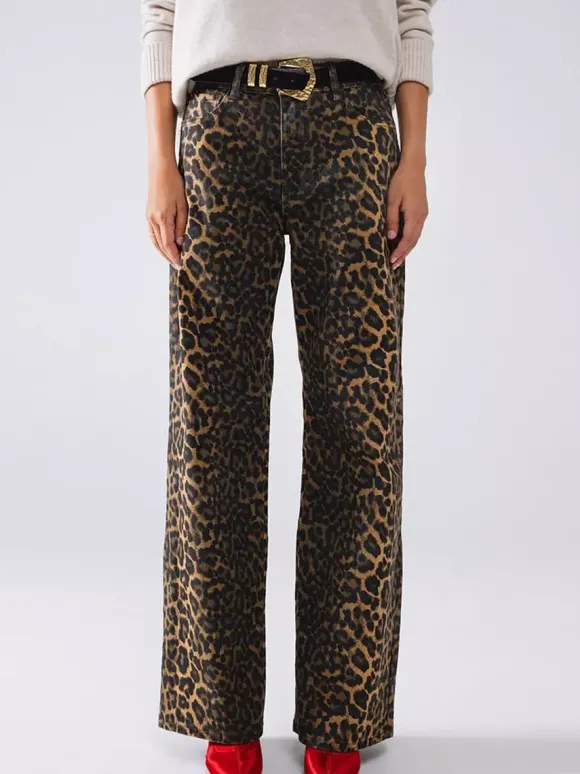 Pantalon marron taille haute imprimé léopard