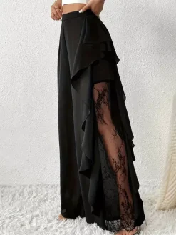 Pantalon noir uni à volants et taille naturelle idéal pour l'été