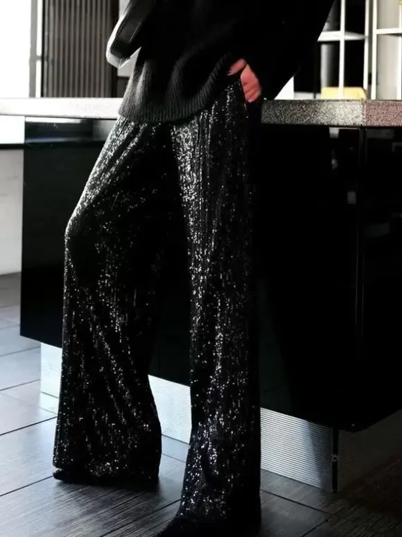Pantalon Paillettes Argentées Taille Haute