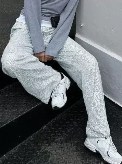 Pantalon Paillettes Argentées Taille Haute