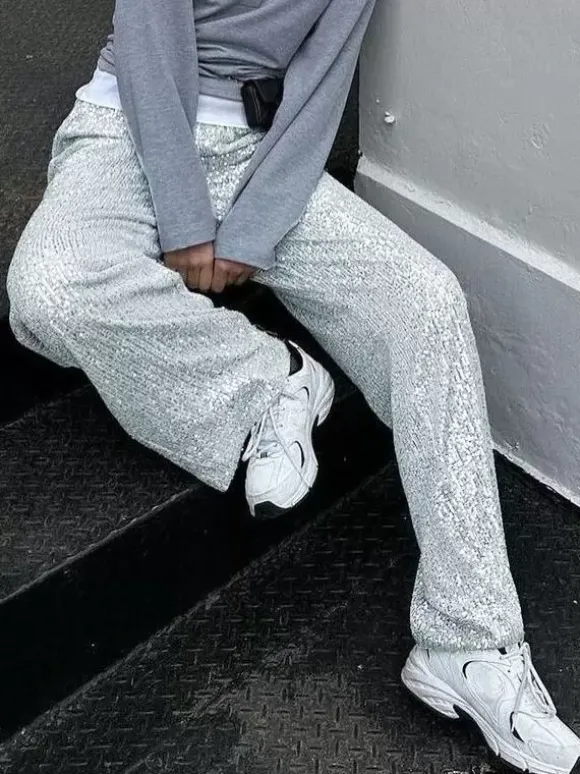 Pantalon Paillettes Argentées Taille Haute