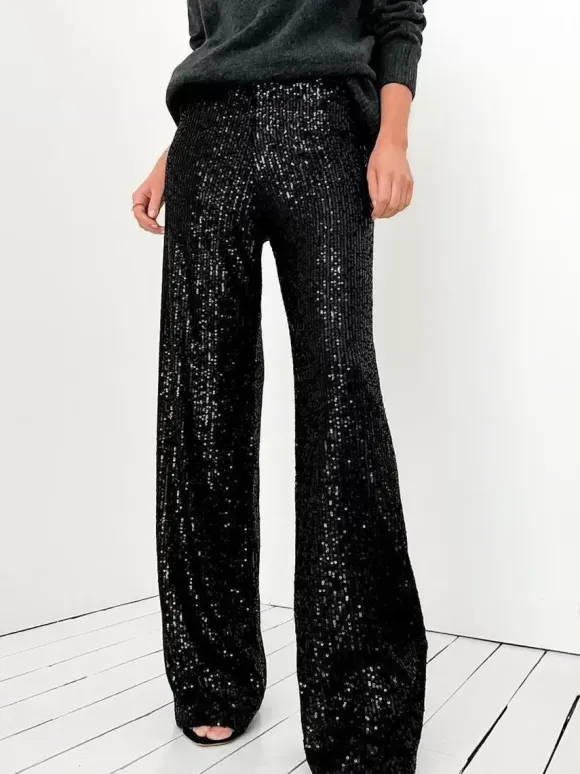 Pantalon Paillettes Argentées Taille Haute