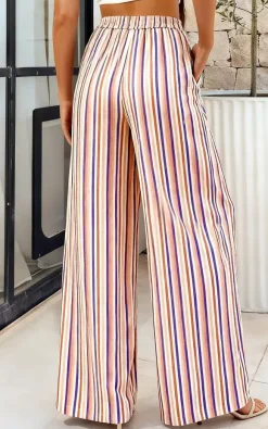 Pantalon palazzo à rayures bohèmes pour femme - Imprimé vertical taille haute cordon de serrage - Collection été 2026
