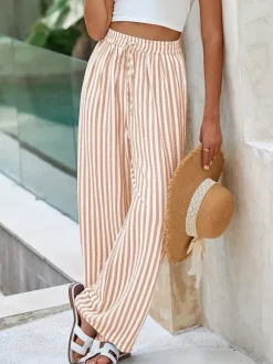 Pantalon palazzo à rayures bohèmes pour femme - Imprimé vertical taille haute cordon de serrage - Collection été 2026