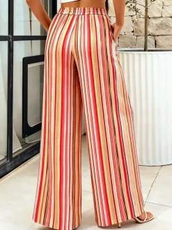 Pantalon palazzo à rayures bohèmes pour femme - Imprimé vertical taille haute cordon de serrage - Collection été 2026