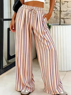 Pantalon palazzo à rayures bohèmes pour femme - Imprimé vertical taille haute cordon de serrage - Collection été 2026