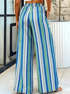 Pantalon palazzo à rayures bohèmes pour femme - Imprimé vertical taille haute cordon de serrage - Collection été 2026