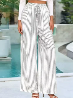 Pantalon palazzo à rayures bohèmes pour femme - Imprimé vertical taille haute cordon de serrage - Collection été 2026