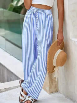 Pantalon palazzo à rayures bohèmes pour femme - Imprimé vertical taille haute cordon de serrage - Collection été 2026