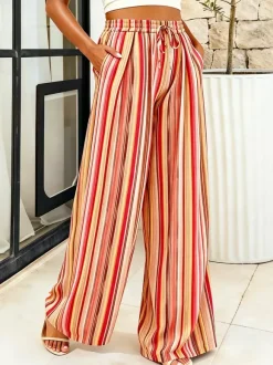 Pantalon palazzo à rayures bohèmes pour femme - Imprimé vertical taille haute cordon de serrage - Collection été 2026