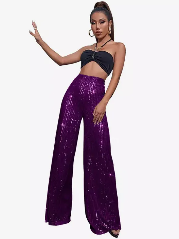 Pantalon palazzo à sequins taille haute et jambes larges style clubwear.