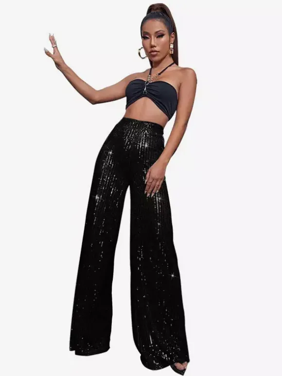 Pantalon palazzo à sequins taille haute et jambes larges style clubwear.