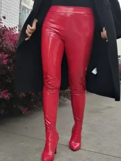 Pantalons Bottes Femme Bout Pointu Talon Chunky Rave Club Rouge Sexy Chaussures