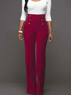 Pantalons Femmes Décontractés Longs Coupe Cintrée à Zip Décors avec Boutonnages Unicolore