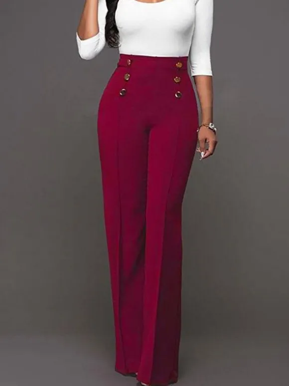 Pantalons Femmes Décontractés Longs Coupe Cintrée à Zip Décors avec Boutonnages Unicolore