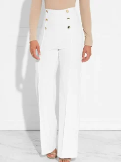 Pantalons Femmes Décontractés Longs Coupe Cintrée à Zip Décors avec Boutonnages Unicolore