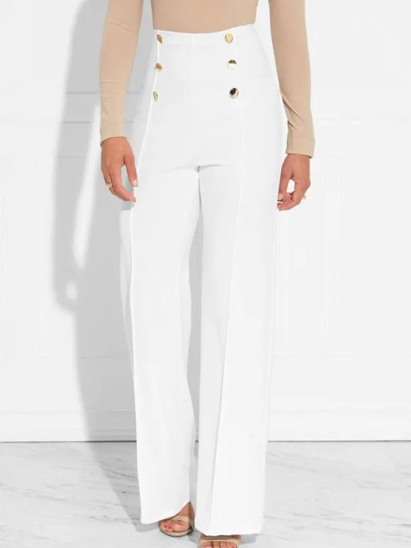 Pantalons Femmes Décontractés Longs Coupe Cintrée à Zip Décors avec Boutonnages Unicolore