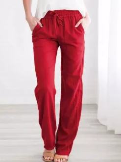 Pantalons Longs Femme Coupe Cintrée à Lacets avec Poches Unicolore