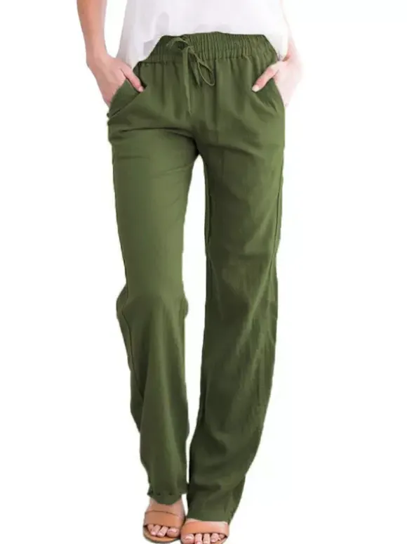 Pantalons Longs Femme Coupe Cintrée à Lacets avec Poches Unicolore