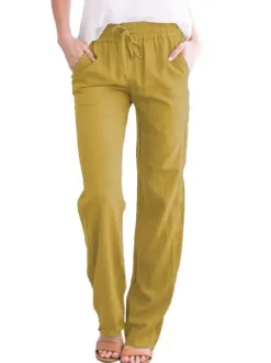 Pantalons Longs Femme Coupe Cintrée à Lacets avec Poches Unicolore