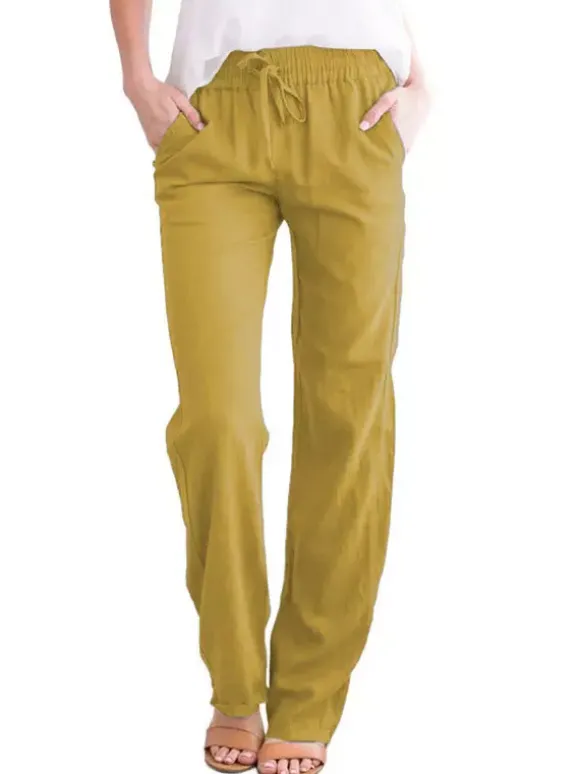 Pantalons Longs Femme Coupe Cintrée à Lacets avec Poches Unicolore